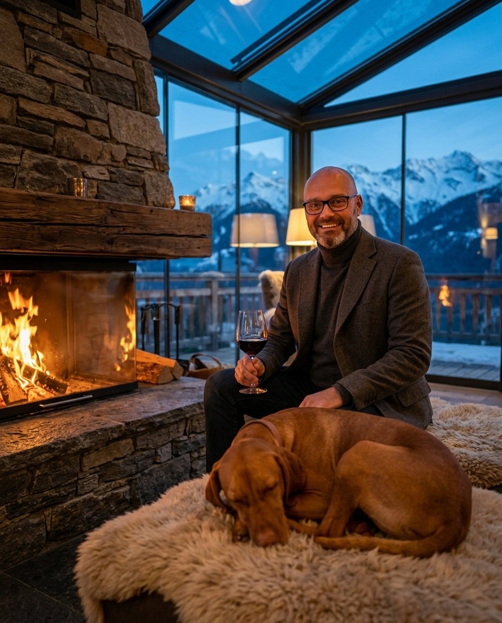 The person who writes and checks the True Trip Costs money guides, at home with a glass of wine and his dog