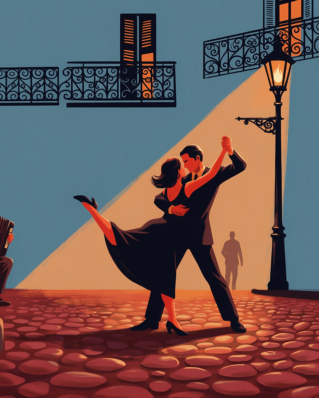 WPA-style illustration of a couple in a dramatic tango embrace on a cobbled Buenos Aires street at dusk, a bandoneon player nearby, warm lamplight and old balconies
