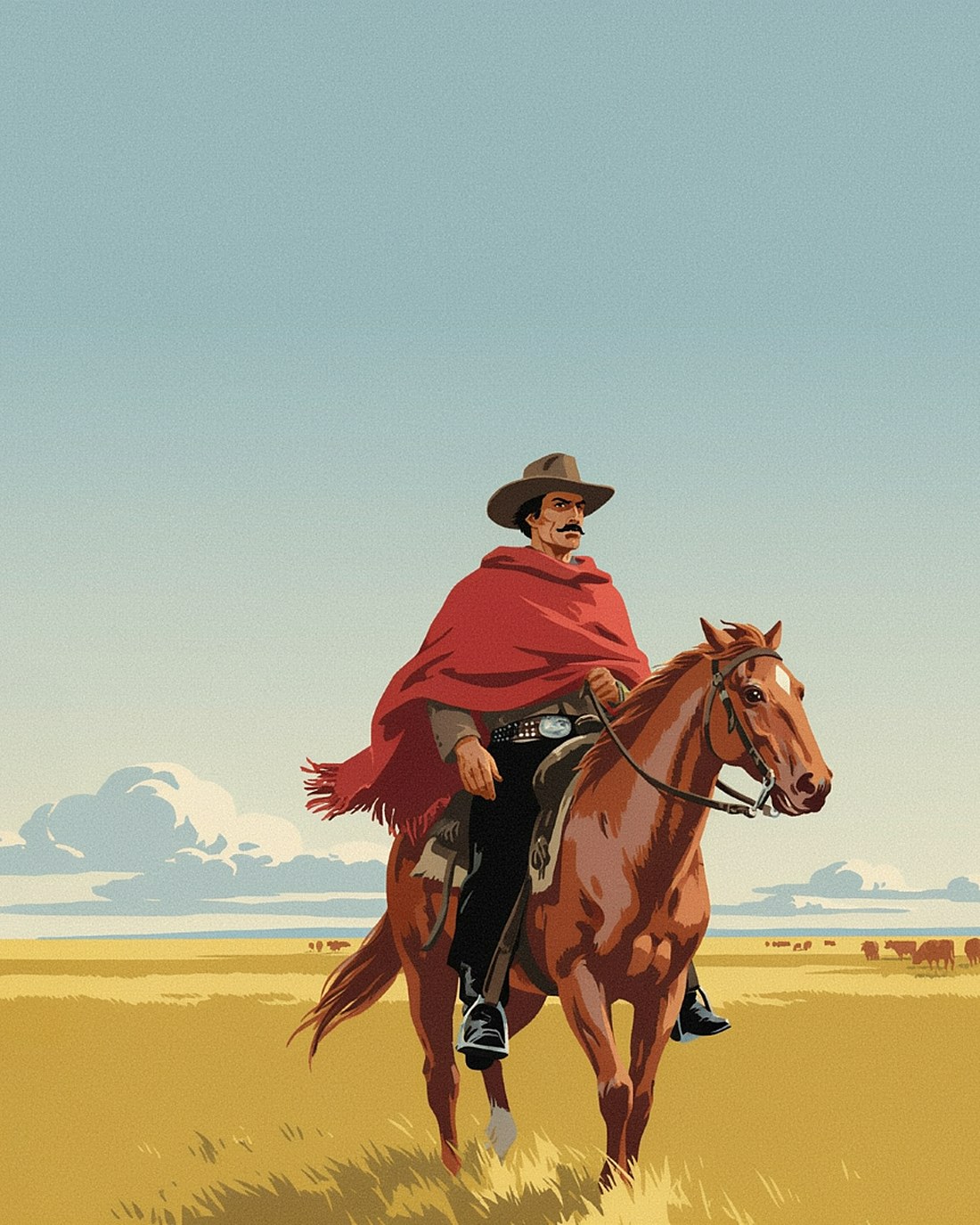 WPA-style illustration of a lone gaucho on horseback crossing the vast golden pampas at dawn, poncho and wide-brimmed hat, cattle in the distance, huge sky