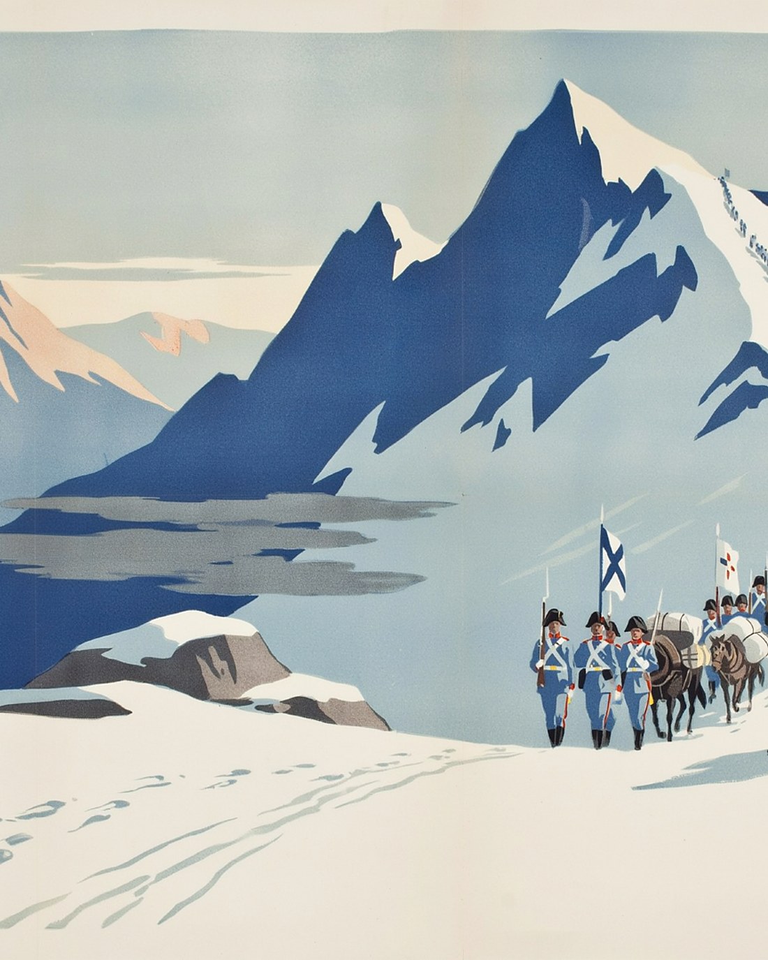 WPA-style illustration of a column of soldiers with flags and pack mules crossing a high snowy Andes pass at dawn, blue peaks