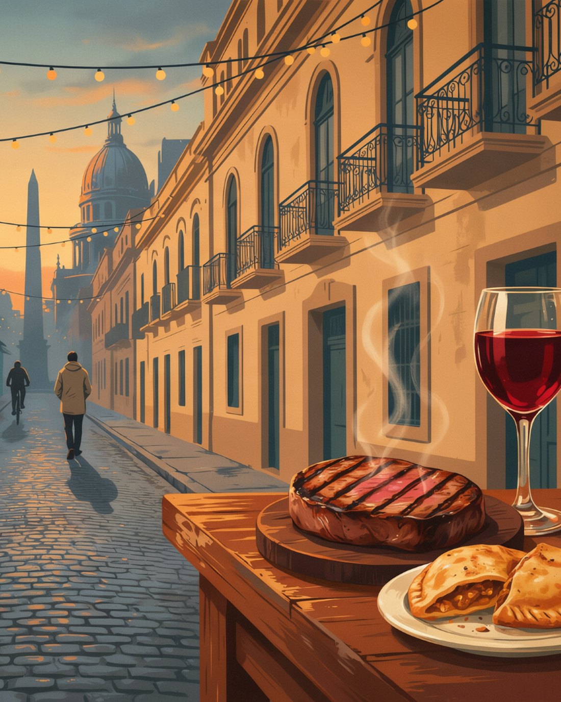 A quiet Buenos Aires street at dusk, with grand balconied stone buildings on one side and colorful painted facades on the other, string lights overhead, a lone figure walking away down a cobblestone street toward the silhouette of the Obelisco and a domed building against an amber sunset, and a sizzling steak, a glass of red Malbec and two golden empanadas on a wooden table in the foreground