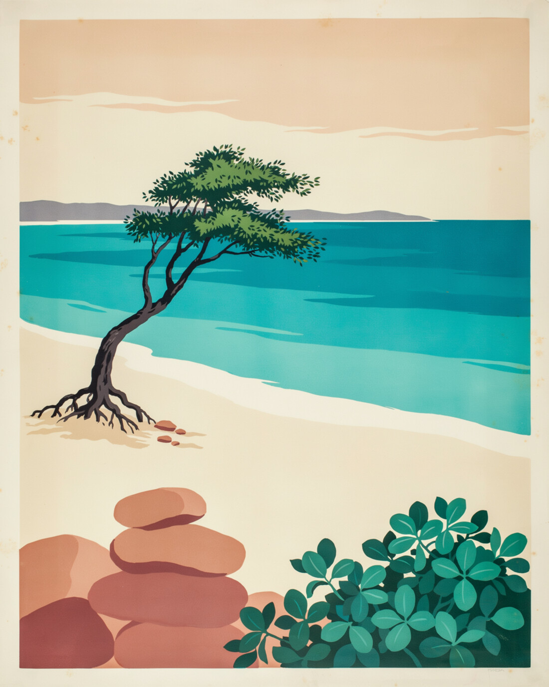 WPA-style illustration of a lone wind-bent divi-divi tree leaning over a white-sand beach beside calm turquoise Caribbean water, with smooth rocks and sea grape in the foreground