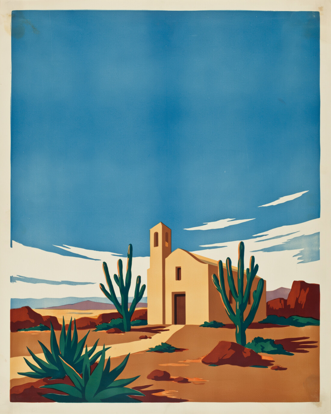 WPA-style illustration of the small ochre-yellow Alto Vista Chapel standing alone in Aruba's arid interior, surrounded by tall cactus and volcanic rock under a wide blue sky