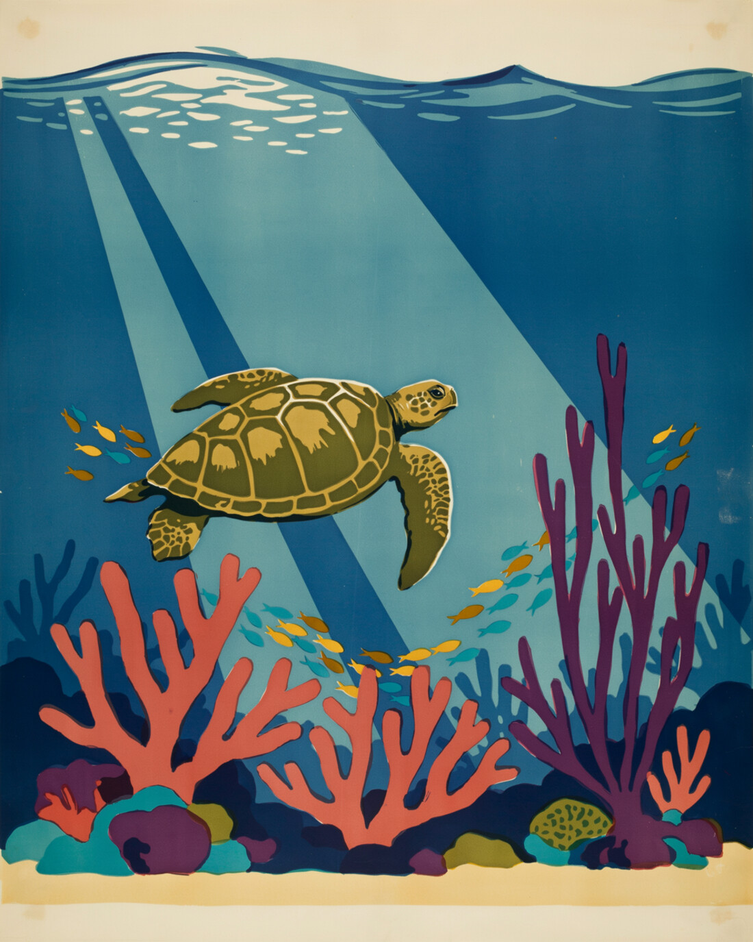 WPA-style illustration of a green sea turtle gliding over a colorful coral reef among small tropical fish in clear blue water, sunlight filtering down