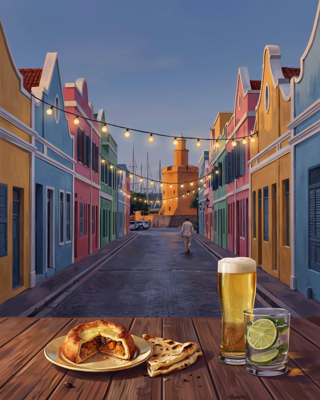 A quiet pastel Dutch-colonial street in Oranjestad, Aruba at dusk, with brightly painted buildings in yellow, blue, pink and green with white trim and stepped gable roofs, the ochre Willem III Tower at Fort Zoutman and the masts of harbour sailboats beyond, warm string lights across the street, a lone figure in light summer clothing walking away, and a golden baked keshi yena with pan bati flatbread, a glass of cold lager and a lime drink on a wooden table in the foreground