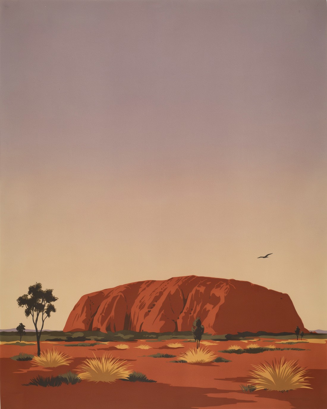 Vintage travel-poster illustration of a great red desert monolith glowing deep orange at sunset in the outback, red earth and clumps of spinifex grass in the foreground, a lone desert tree, and a wide sky shading from gold to violet