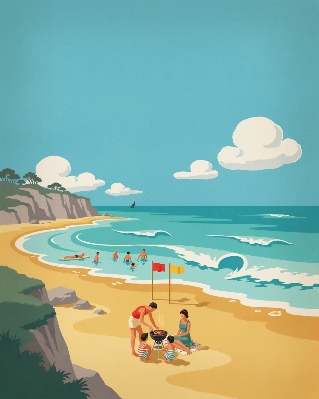 Vintage travel-poster illustration of a golden surf beach at midday, rolling turquoise waves and a rocky headland, swimmers between two plain red and yellow flags, and a family gathered around a small barbecue on the sand