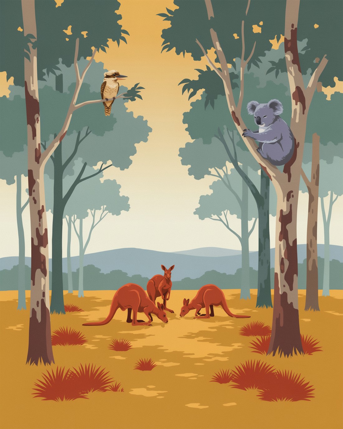 WPA-style illustration of eucalyptus bushland at golden hour, a group of kangaroos grazing among gum trees, a koala resting in the fork of a tree, and a kookaburra perched on a branch