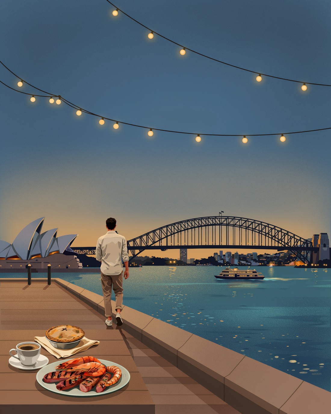 A calm Sydney harbour promenade at dusk, the sail-shaped roofs of an opera house and the arch of a great steel bridge in silhouette across glittering water, a ferry crossing, warm string lights strung overhead, a lone figure in light summer clothes walking away along the boardwalk toward the lit skyline, and in the foreground a wooden table with a flat white coffee, a golden meat pie and a plate of grilled prawns and sausages