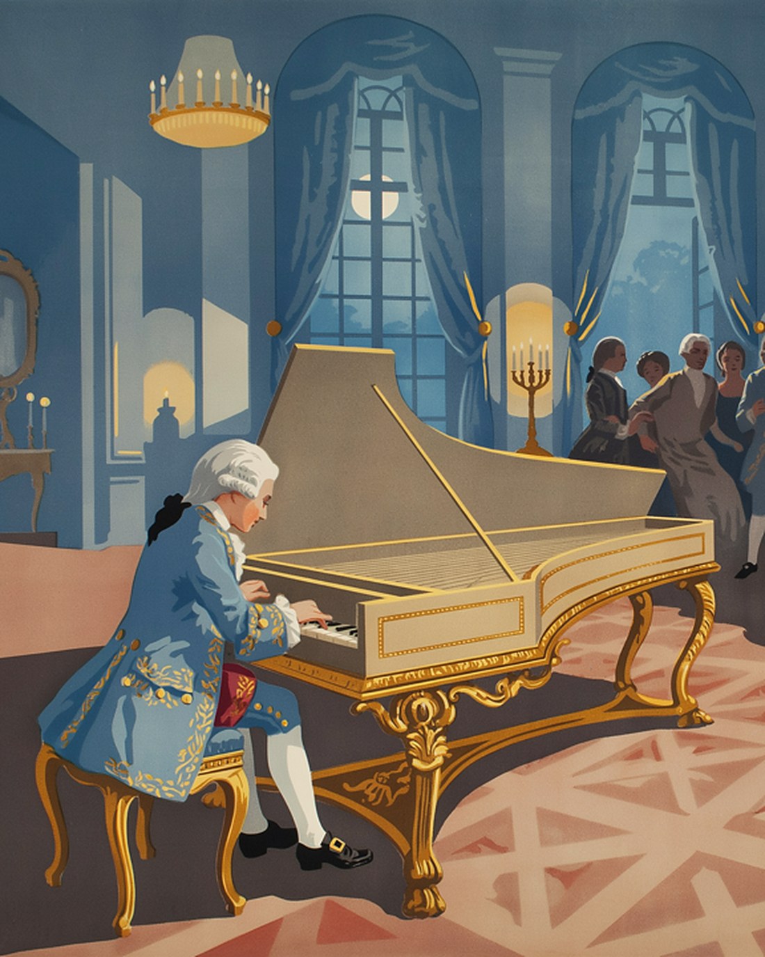 WPA-style illustration of a small boy in a powdered wig and court coat playing a gilded harpsichord in a candlelit palace salon while elegantly dressed nobles listen