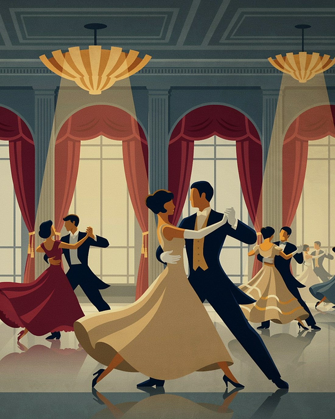 WPA-style illustration of couples in ball gowns and tailcoats waltzing across a mirrored ballroom floor beneath grand chandeliers and red-curtained windows