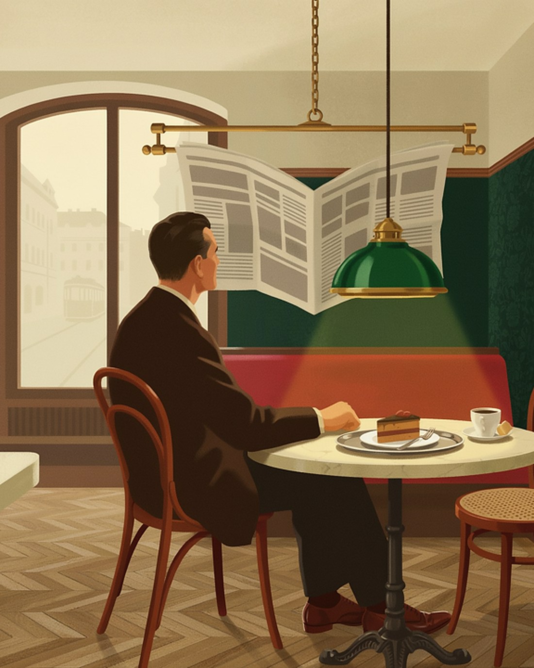 WPA-style illustration of a man reading a newspaper at a small marble table in a classic Vienna coffeehouse, a green pendant lamp above and a slice of torte with a small coffee