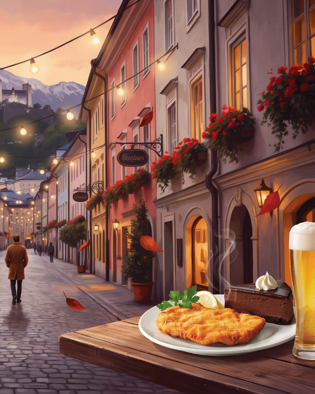 A cobbled Salzburg old-town lane at dusk with pastel baroque townhouses, red geraniums in window boxes, wrought-iron shop signs, string lights crossing the street, drifting autumn leaves, the lit silhouette of the Hohensalzburg Fortress on its hill with a snowy Alpine peak behind it, a figure in a warm coat walking away, and a plate of golden Wiener schnitzel with a lemon wedge beside a slice of Sachertorte and a tall glass of golden beer on a wooden table in the foreground