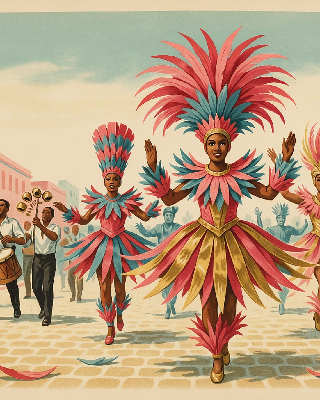 WPA-style illustration of a jubilant Junkanoo street parade at dawn, dancers in towering bright crepe-paper costumes, goombay drummers and cowbells, energy and color
