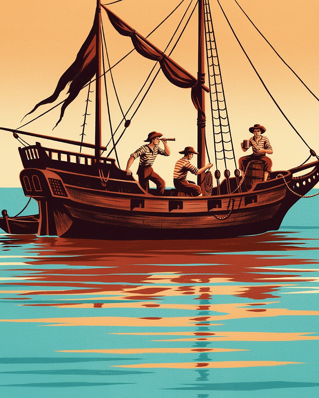 WPA-style illustration of a weathered pirate sloop at anchor in old Nassau harbor at sunset, a black flag, palm-fringed shore and a low fort