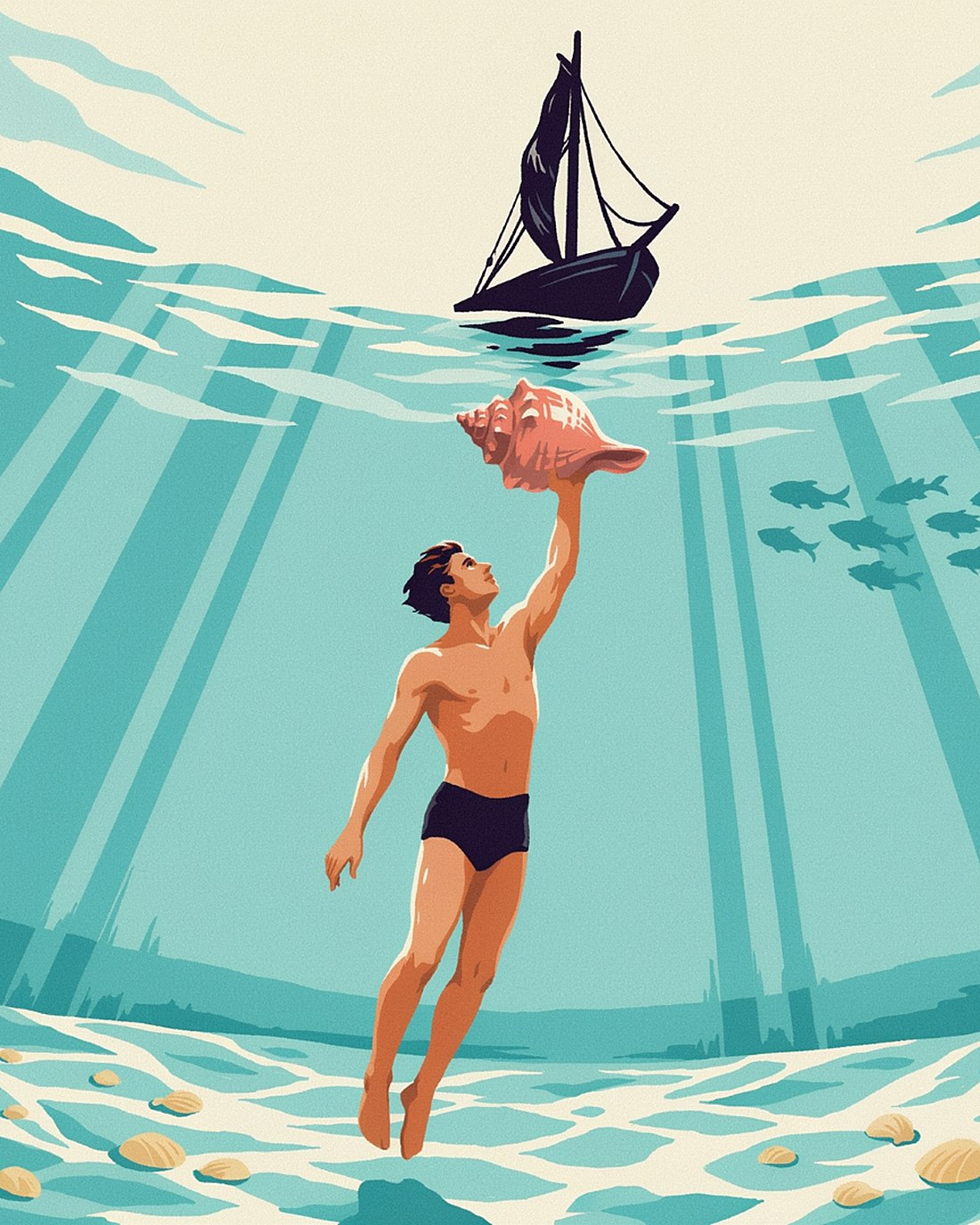 WPA-style illustration of a free-diver rising through clear turquoise shallows holding up a large pink queen-conch shell, a wooden sloop on the surface above