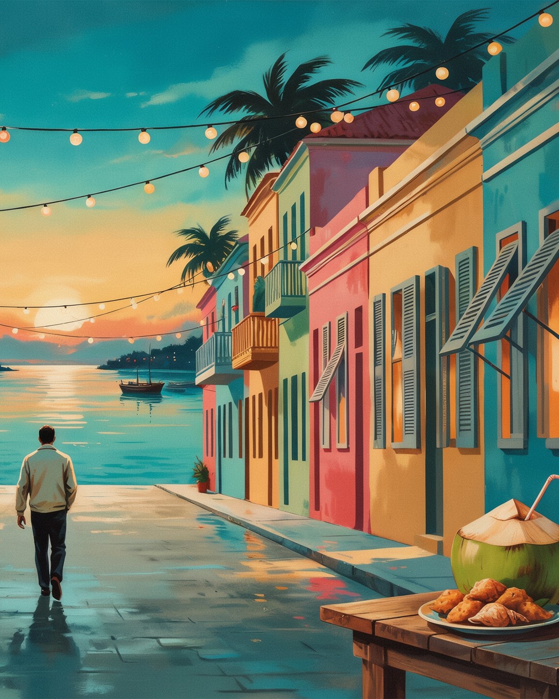 A pastel colonial street in Nassau, the Bahamas at dusk, with brightly painted buildings in pink, yellow and turquoise, palm trees and string lights overhead, a lone figure walking away down the street toward a turquoise harbour glowing under an amber sunset, and a plate of conch fritters, a fresh green coconut with a straw and a golden rum cocktail on a wooden table in the foreground