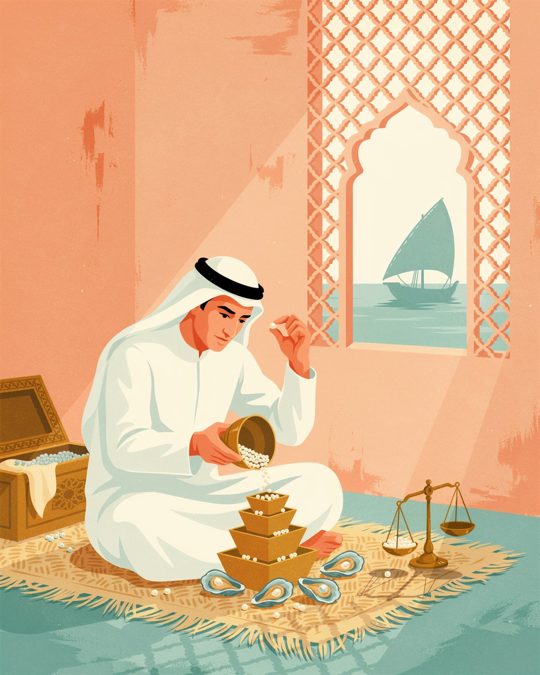 WPA-style illustration of a Bahraini pearl merchant in a white thobe seated cross-legged on a woven mat in a coral-stone room, sorting natural pearls through a stack of graded brass sieves beside a small balance scale, opened oyster shells and a carved wooden chest, with a dhow visible through a pierced plaster window screen