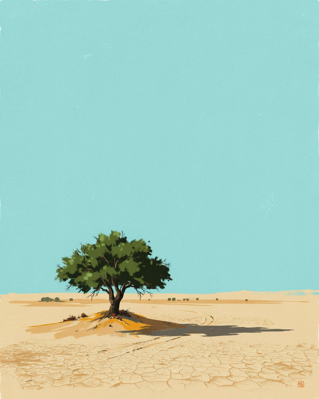 WPA-style illustration of the Tree of Life, a single broad mesquite tree with a thick gnarled trunk and full green canopy standing alone on a low rise in empty pale desert, cracked bare ground and faint tracks radiating away, an enormous open sky and one long shadow