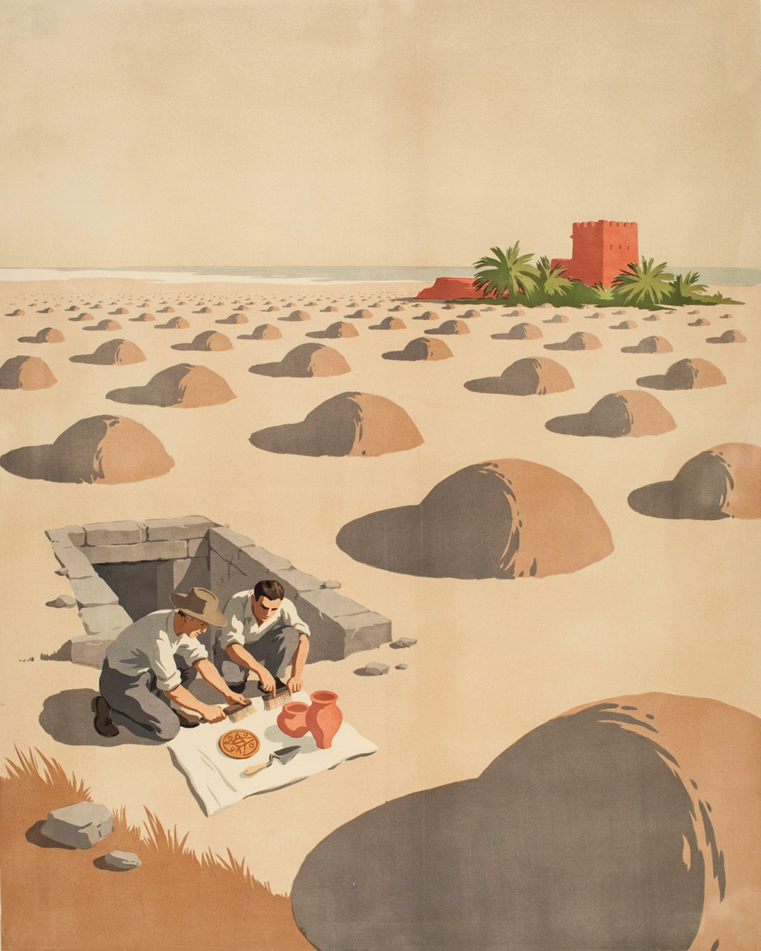 WPA-style illustration of the Dilmun burial mounds, a field of hundreds of low rounded earth mounds spread in rows across pale flat desert, with two archaeologists kneeling to brush at an exposed stone burial chamber, clay pots and a round copper seal laid out on a cloth, and date palms and a distant coral-stone fort on the shoreline