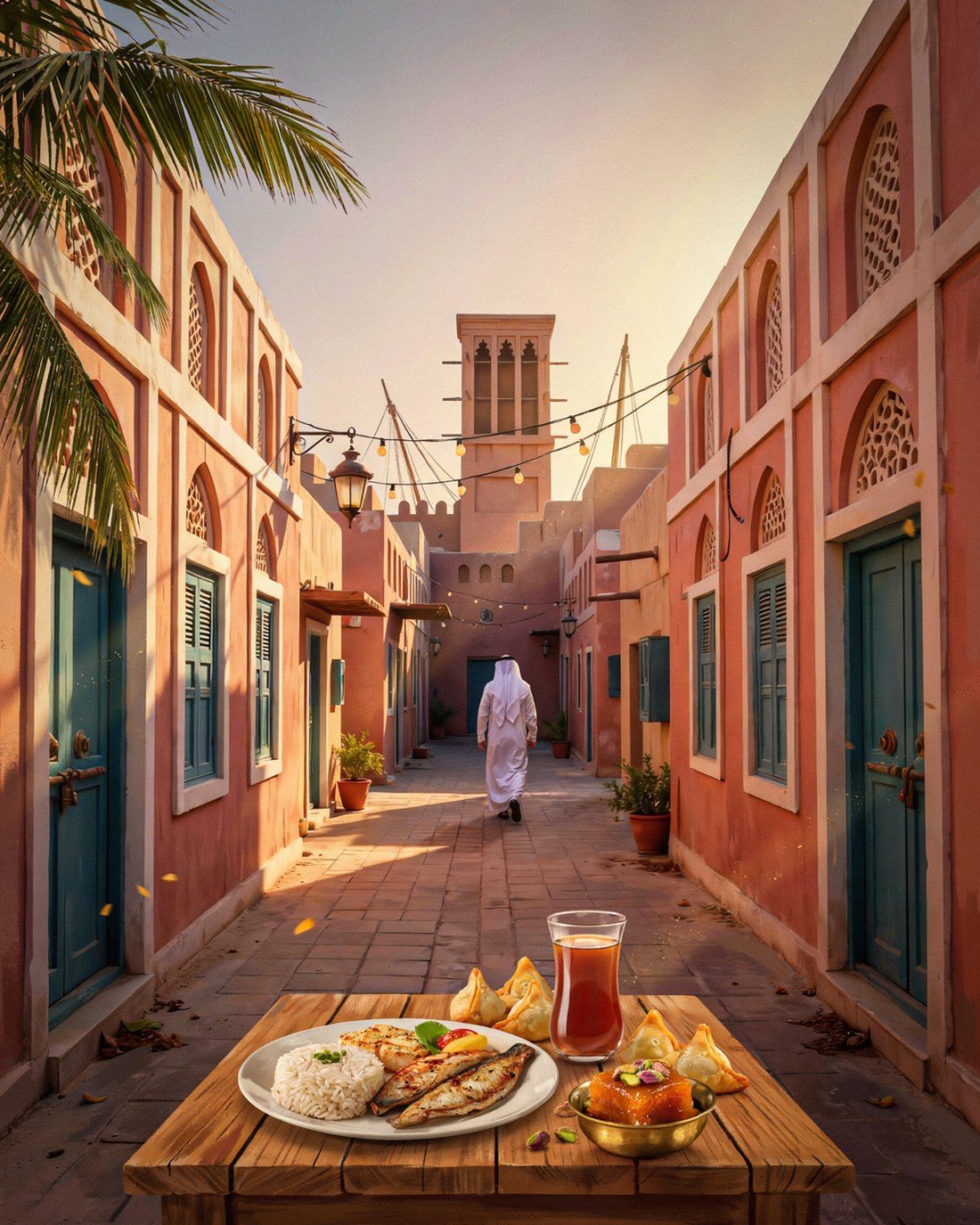A quiet lane in old Muharraq, Bahrain at golden hour with two-storey coral-stone houses trimmed in white gypsum, a tall square wind tower above the rooftops, carved wooden doors painted teal, arched windows set with plaster fretwork, iron lanterns and string lights overhead, a figure in a white thobe walking away up the lane, and a plate of muhammar sweet rice with grilled fish, a glass of karak tea, samboosa and a brass bowl of amber Bahraini halwa studded with pistachios on a wooden table in the foreground