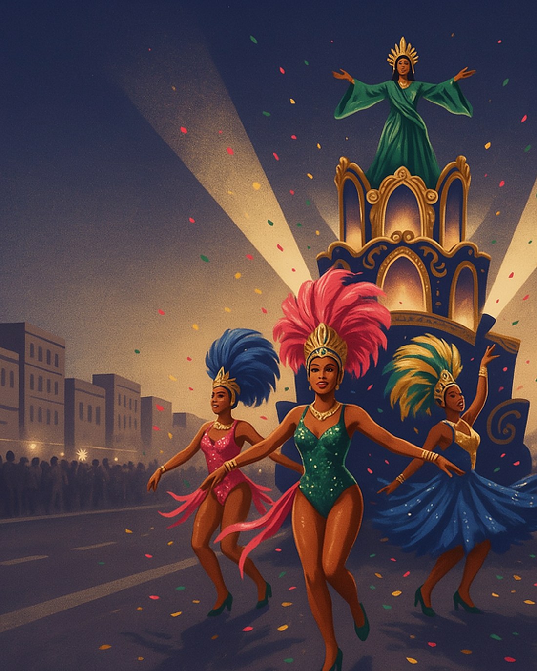 WPA-style illustration of samba dancers in towering feathered headdresses and sequined costumes dancing before a great ornate carnival float on a floodlit night avenue, drummers to one side