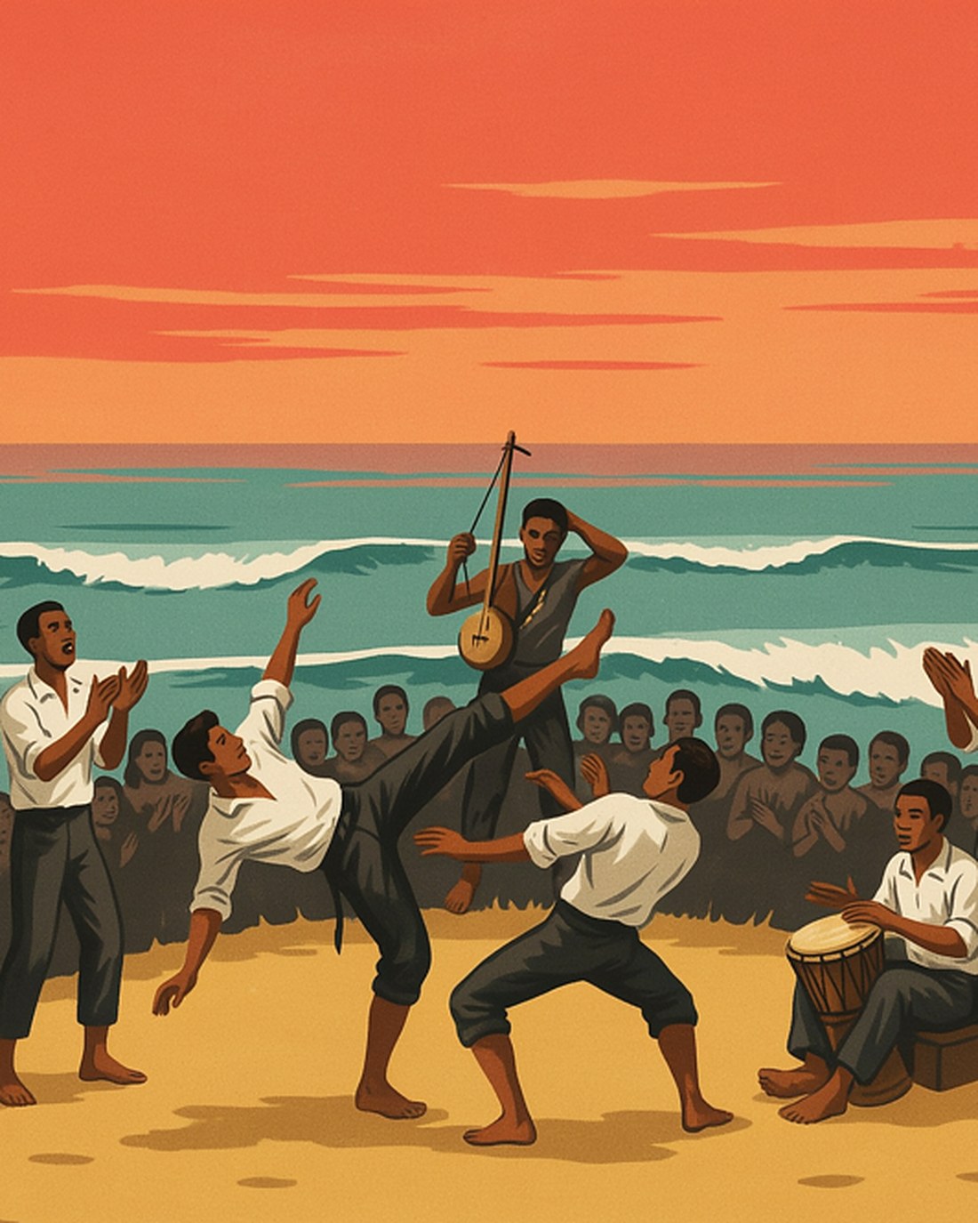 WPA-style illustration of two capoeira players mid-movement in a circle on a golden beach at sunset, one arcing into a kick, others clapping and playing a berimbau, palms and surf behind