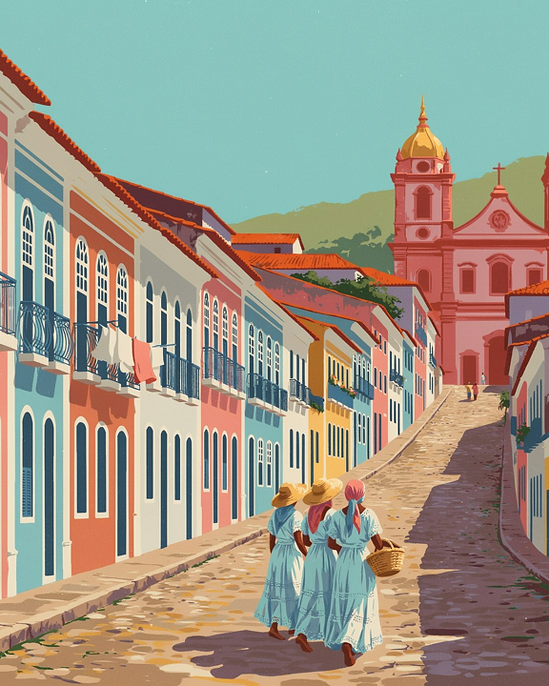 WPA-style illustration of a steep cobbled street of pastel baroque townhouses in old Salvador, women in white lace dress walking toward a pink colonial church with gilded towers, green hills beyond