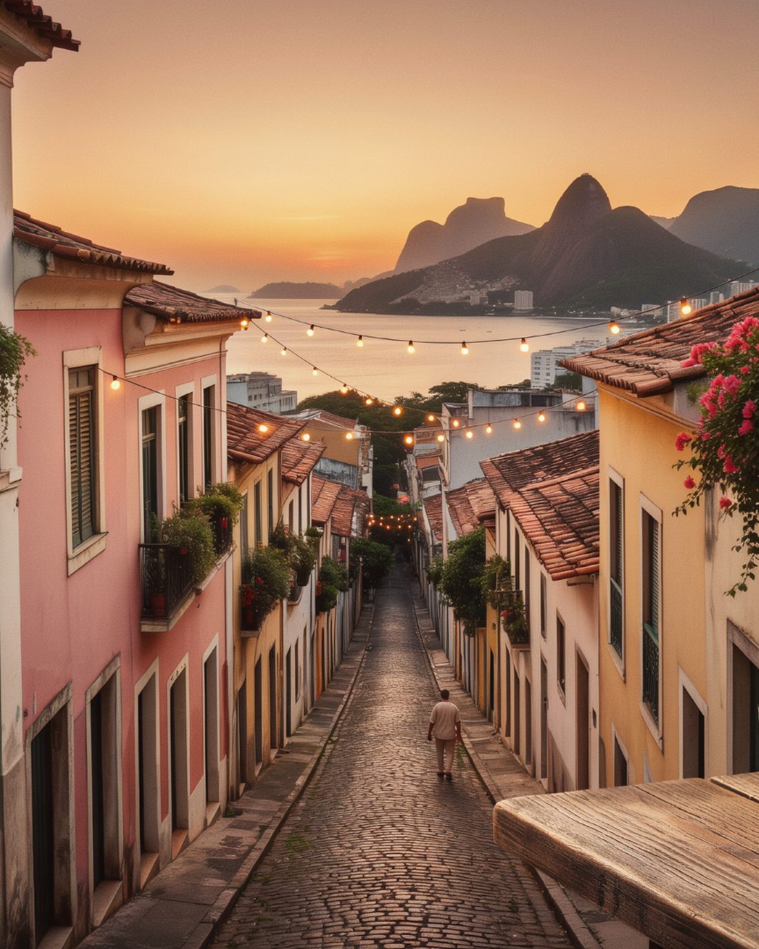 A steep, colorful hillside street in the Santa Teresa neighborhood of Rio de Janeiro at dusk, with pastel colonial houses, wrought-iron balconies and tropical foliage, string lights overhead, the silhouette of Sugarloaf Mountain and the bay glowing at the end of the street, a lone figure walking downhill, and a caipirinha, small cheese breads and a coffee on a wooden table in the foreground