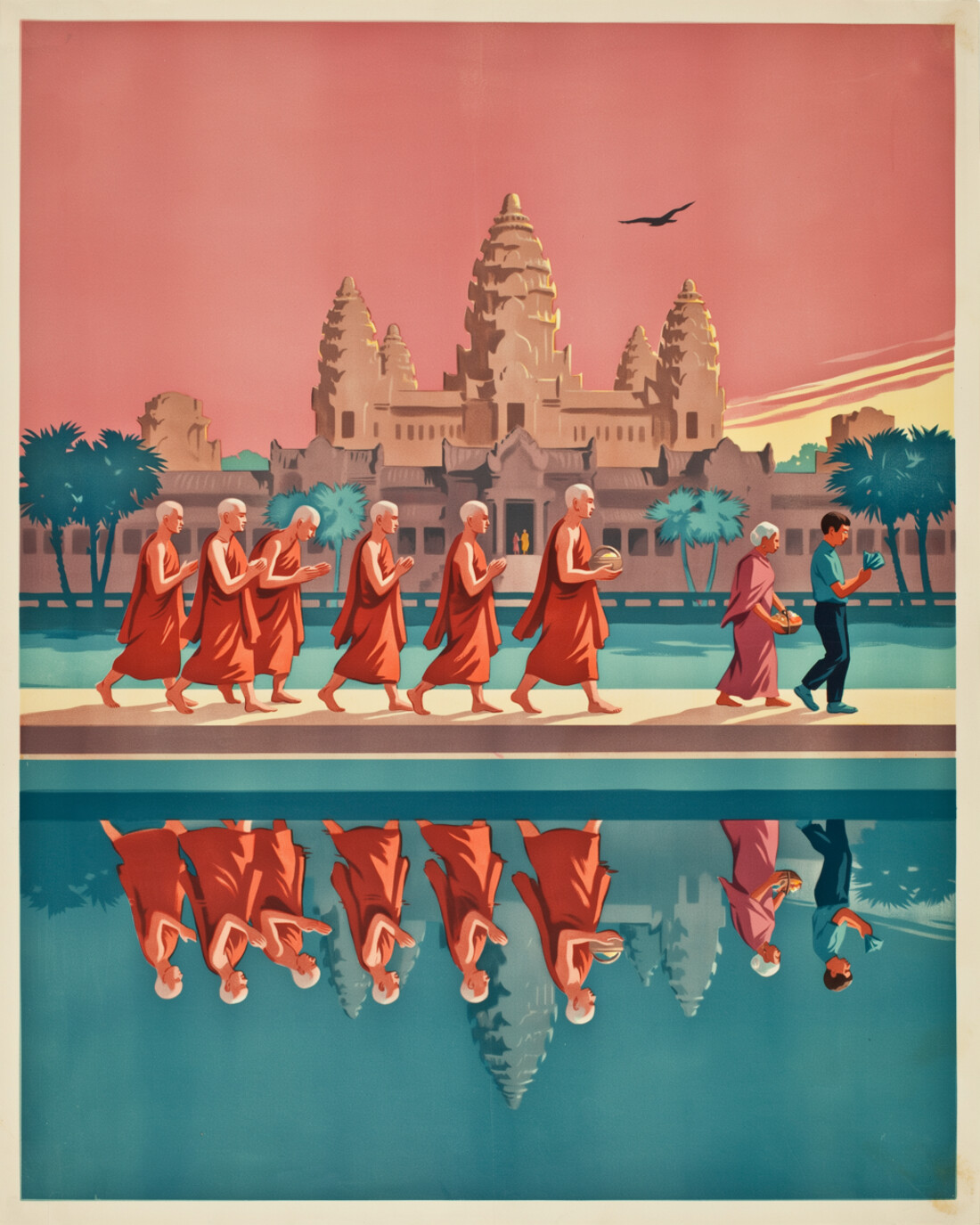 WPA-style illustration of saffron-robed monks and pilgrims walking along the causeway toward the five lotus towers of Angkor Wat at dawn, the temple mirrored in a still reflecting pool