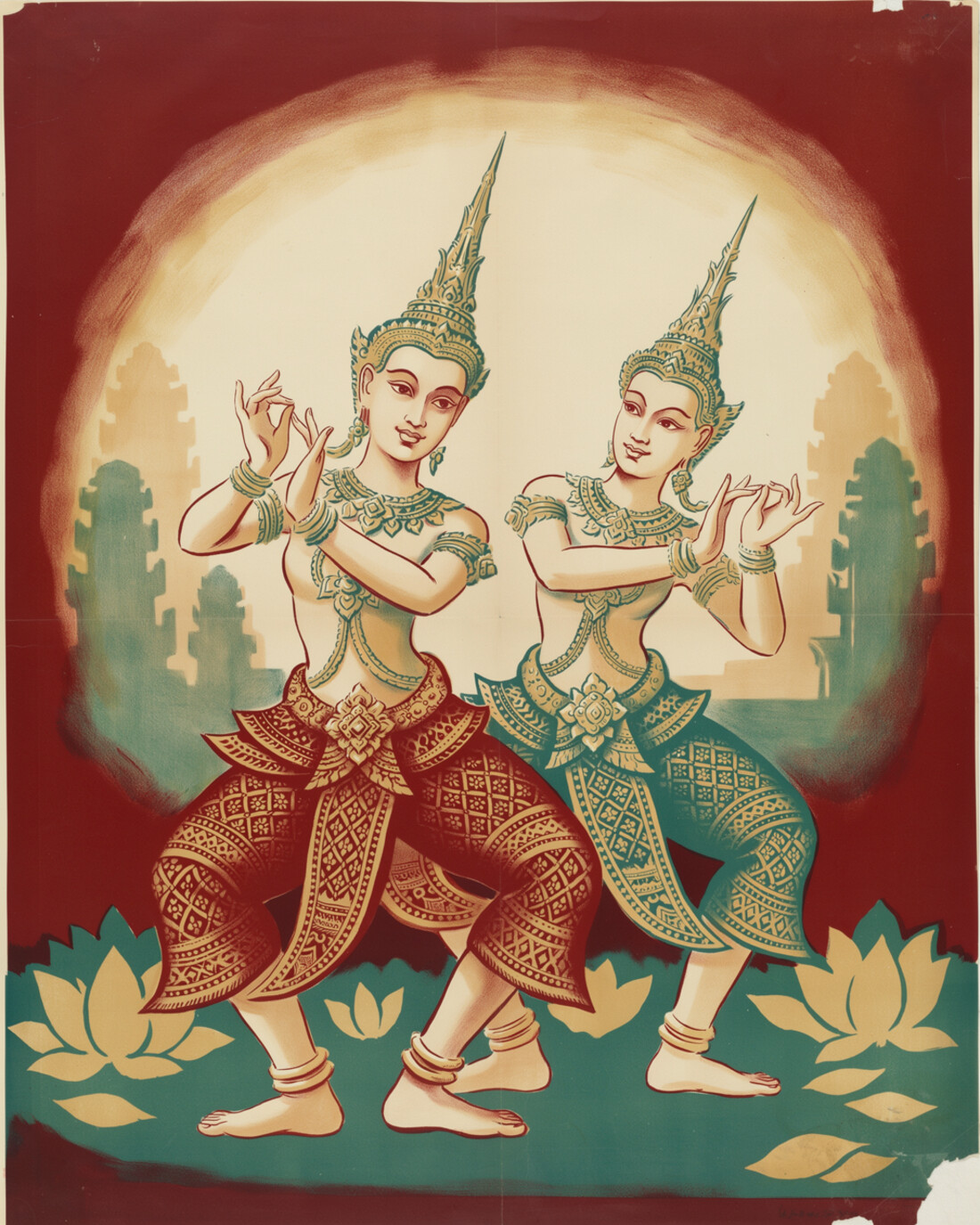 WPA-style illustration of two classical Cambodian Apsara dancers in golden headdresses and patterned silk, captured mid-pose with gracefully curved fingers before a temple backdrop