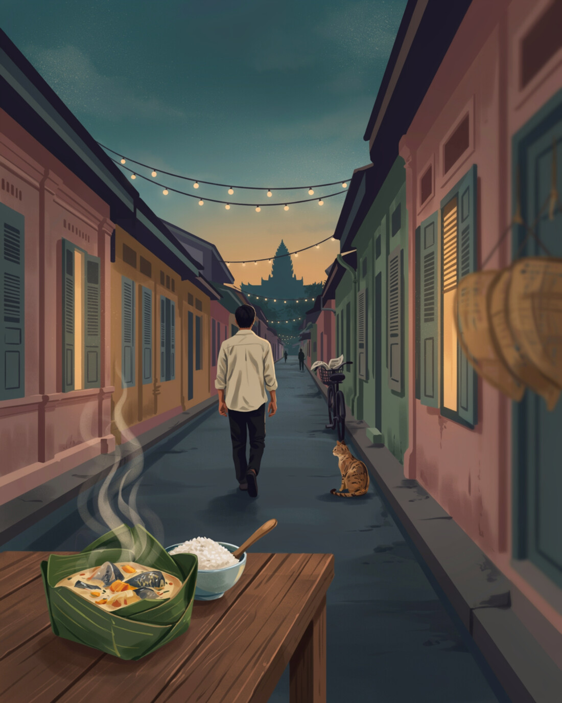 A quiet Cambodian old-quarter street at dusk with French-colonial shophouses, string lights overhead, an Angkor-style temple tower in the distance, a lone figure walking away, and a steaming banana-leaf cup of fish amok with a bowl of rice on a wooden table in the foreground