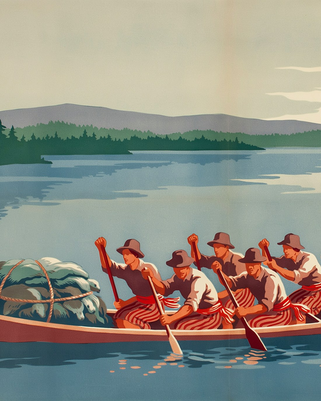 WPA-style illustration of French-Canadian voyageurs in sashes and caps paddling a long birchbark canoe laden with fur bundles across a still lake at dawn, pine shores behind