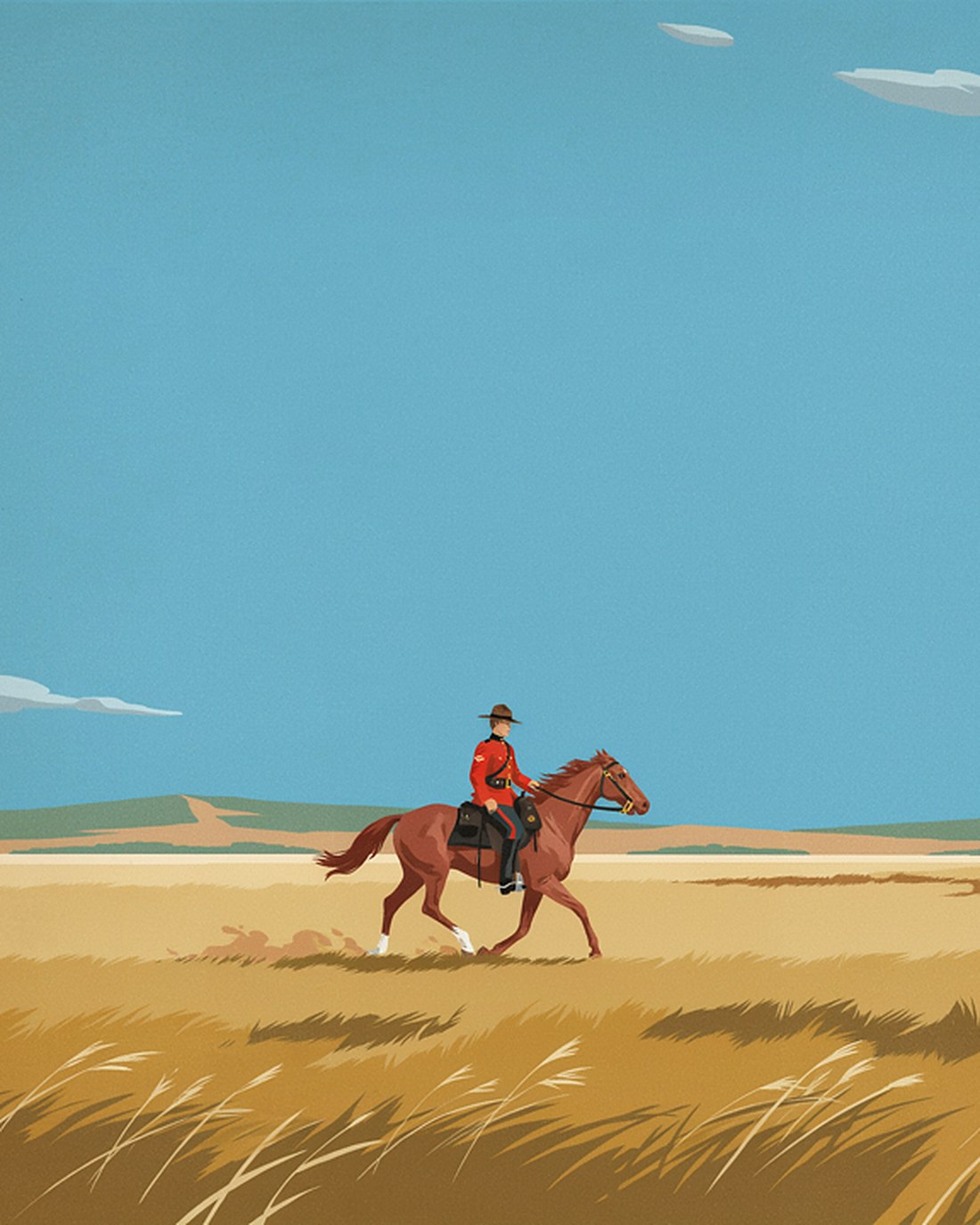 WPA-style illustration of a lone Mounted Police rider in a red serge tunic on horseback crossing a vast golden prairie under an enormous open sky