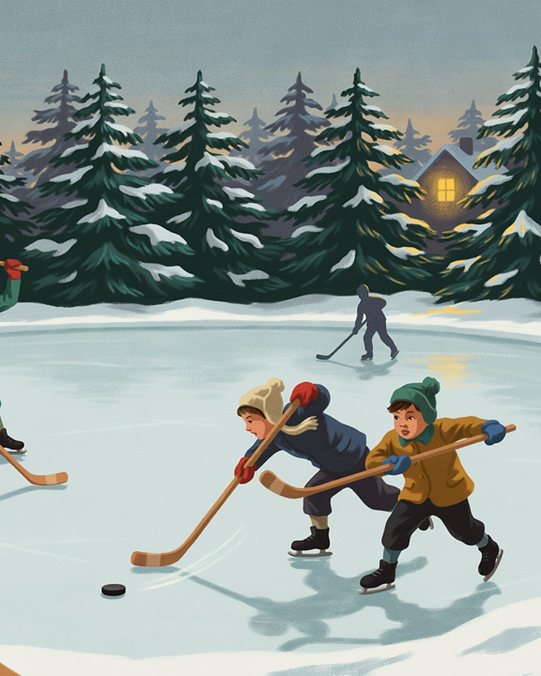 WPA-style illustration of children playing pond hockey on a frozen lake at dusk, wooden sticks and woolen hats, snow-laden pines and a lit cabin window beyond