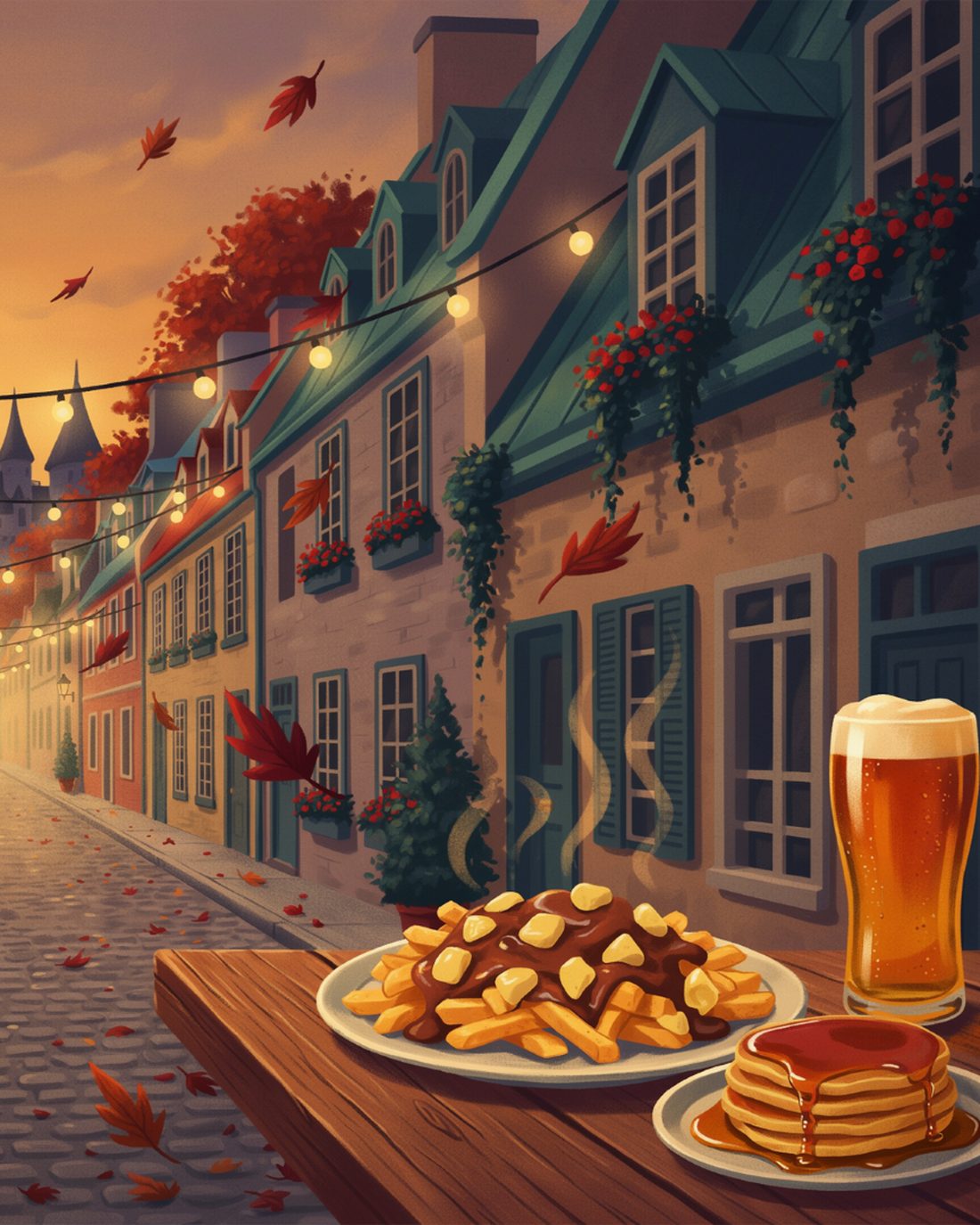 A cobbled Old Quebec street at dusk with stone houses under steep teal roofs, red geraniums in window boxes, string lights crossing the lane, red autumn leaves drifting down, the turreted silhouette of a grand chateau hotel at the end of the street against an orange sky, a figure in a red coat walking away, and a plate of poutine beside a stack of maple-syrup pancakes and a tall glass of golden beer on a wooden table in the foreground