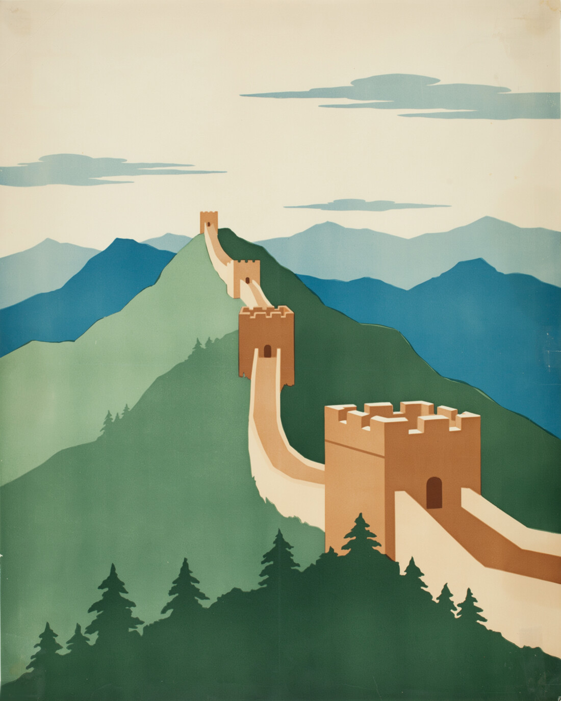 WPA-style vintage travel poster of the Great Wall of China winding along a green mountain ridge with square stone watchtowers, layered blue peaks behind and pine trees in the foreground