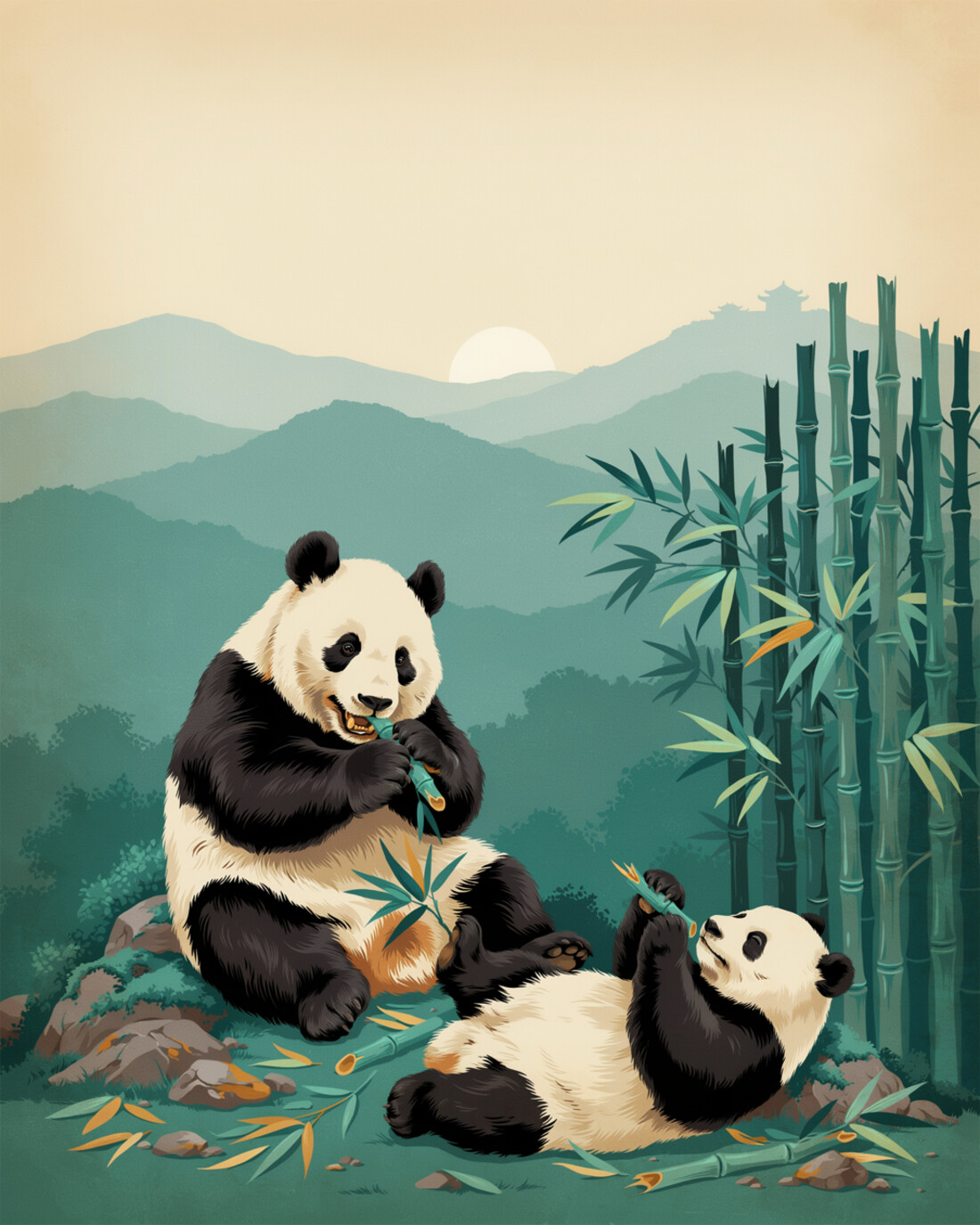 WPA-style vintage travel poster of two giant pandas resting and eating bamboo among green bamboo groves and soft misty hills
