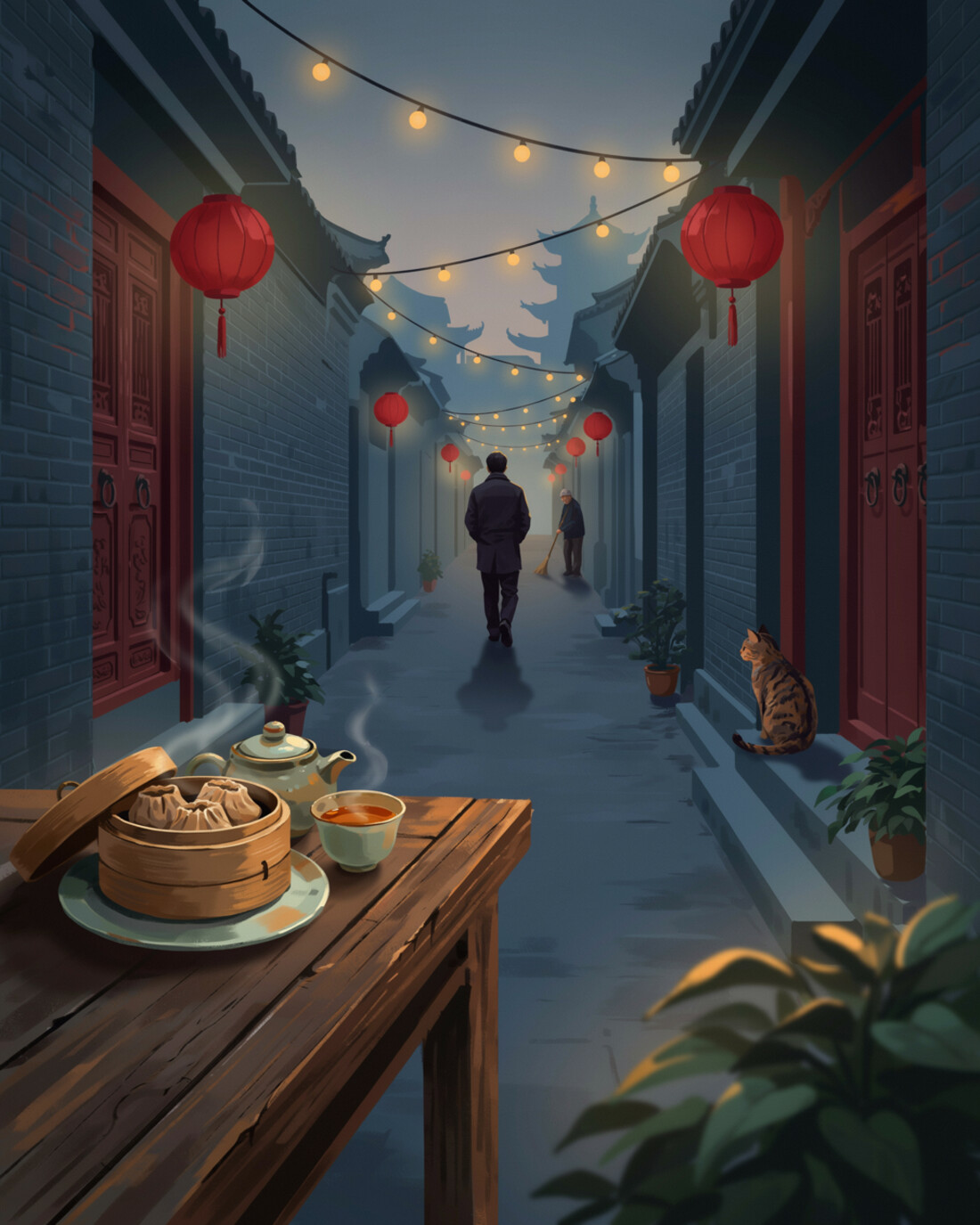 A quiet grey-brick hutong alley in Beijing at dusk, with round red paper lanterns glowing on the courtyard walls and dark carved timber doors, strings of warm bulbs crossing overhead, the tiered silhouette of a traditional pagoda roof on the skyline, a lone figure walking away down the lane past a person sweeping and a cat on a step, and a steaming bamboo steamer of dumplings beside a small porcelain teapot and cup of tea on a wooden table in the foreground