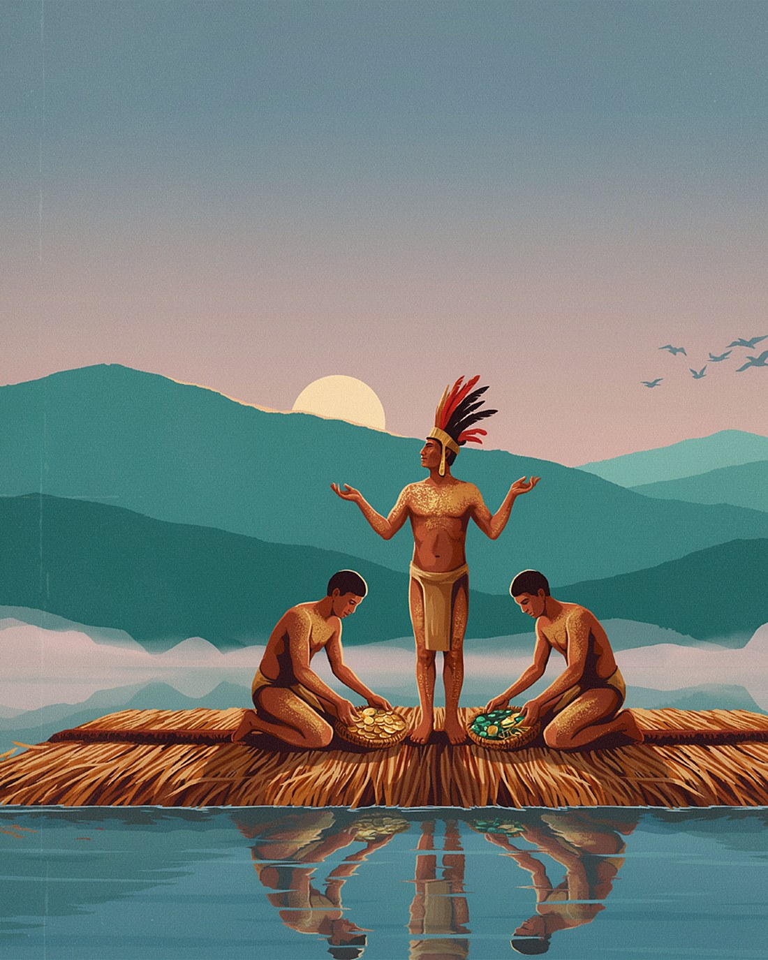 WPA-style illustration of the gilded Muisca chief on a reed raft on a still mountain lake at dawn, attendants lowering gold offerings into the water, emerald hills