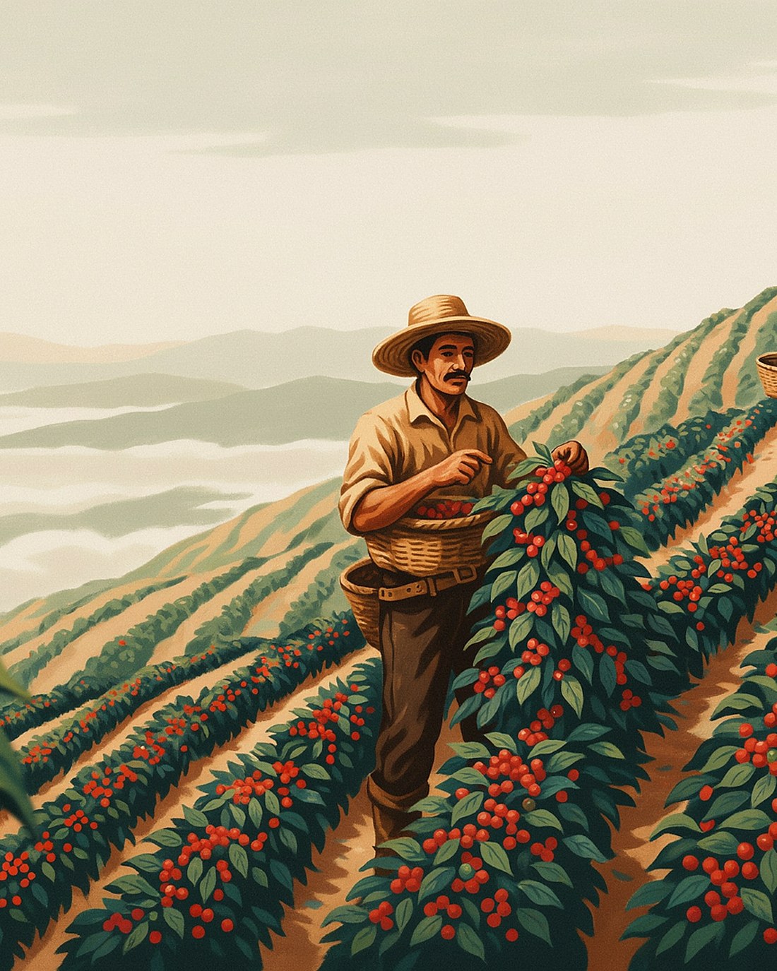 WPA-style illustration of a Colombian coffee farmer with a basket picking ripe red cherries on a steep misty green Andean slope, rows of coffee bushes