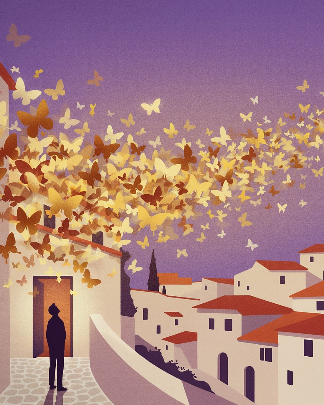 WPA-style illustration of a cloud of golden-yellow butterflies drifting over a whitewashed town with terracotta roofs at dusk, a lone figure watching from a doorway