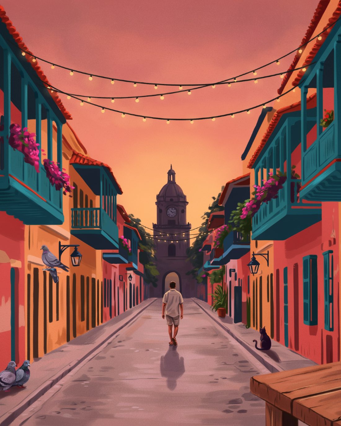 A colorful old-town street in Cartagena, Colombia at dusk, with coral and ochre colonial walls, teal wooden balconies draped in magenta bougainvillea, string lights overhead, the old clock tower gate silhouetted against an orange sunset, a lone figure walking away down the street, and a cup of black coffee, a golden arepa and a bowl of tropical fruit on a wooden table in the foreground