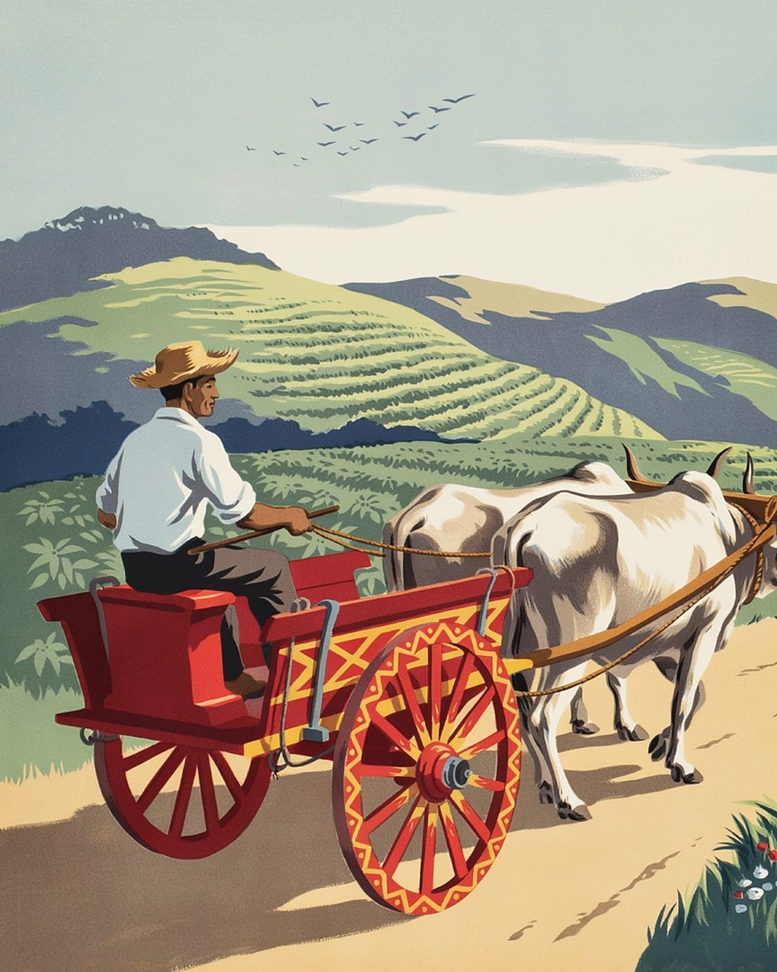 WPA-style illustration of white oxen pulling a brightly hand-painted Costa Rican oxcart along a green mountain lane, coffee hills and a volcano behind