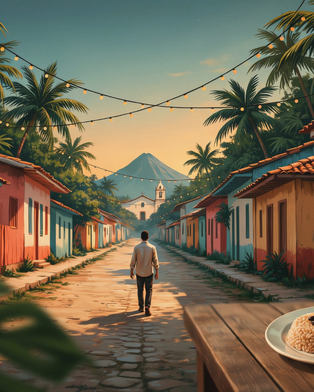 A colorful Costa Rican village street at dusk with a volcano and a small white church framed at the end, brightly painted houses with tile roofs lining both sides, palm trees and string lights overhead, a lone figure walking up the cobblestone street, and a plate of rice and black beans with fried plantains beside a fruit smoothie on a wooden table in the foreground