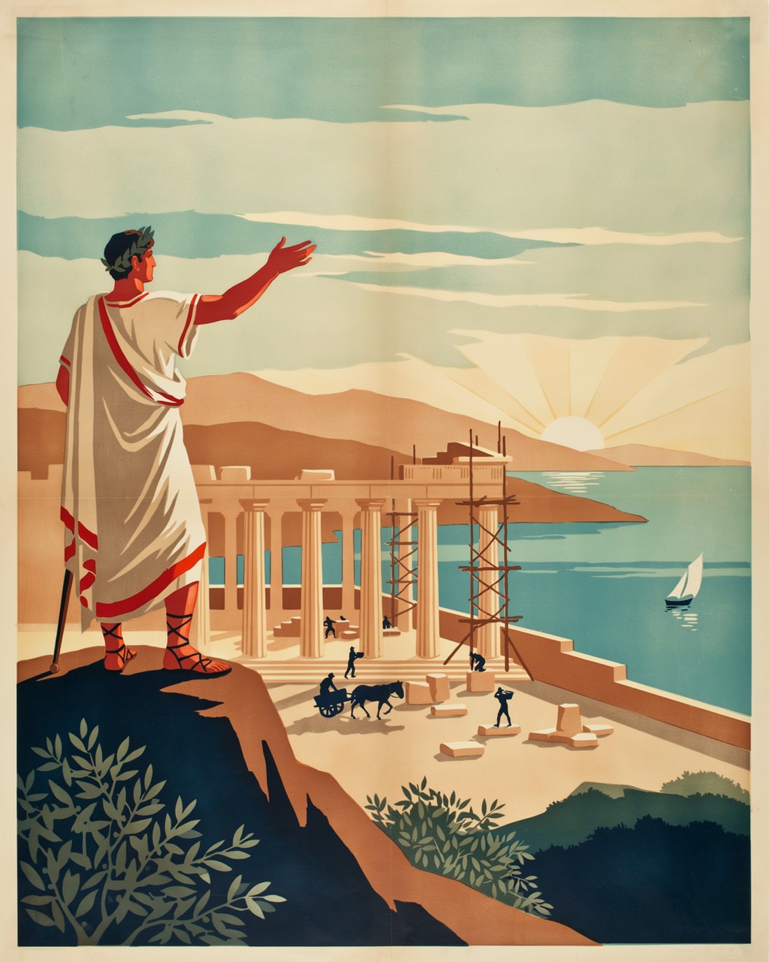 WPA-style illustration of the Roman emperor Diocletian in a red-bordered toga on a rise with one arm raised, overlooking the construction of his great seaside stone palace with tall columns and a colonnaded court, the Adriatic and warm hills beyond