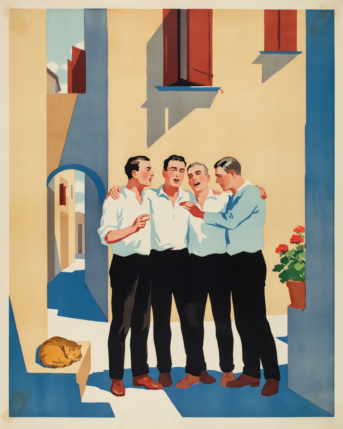 WPA-style illustration of five men in simple shirts singing klapa harmony together in a narrow sunlit limestone alley of a Dalmatian old town, heads leaning close and one hand raised, warm light washing down the stone walls