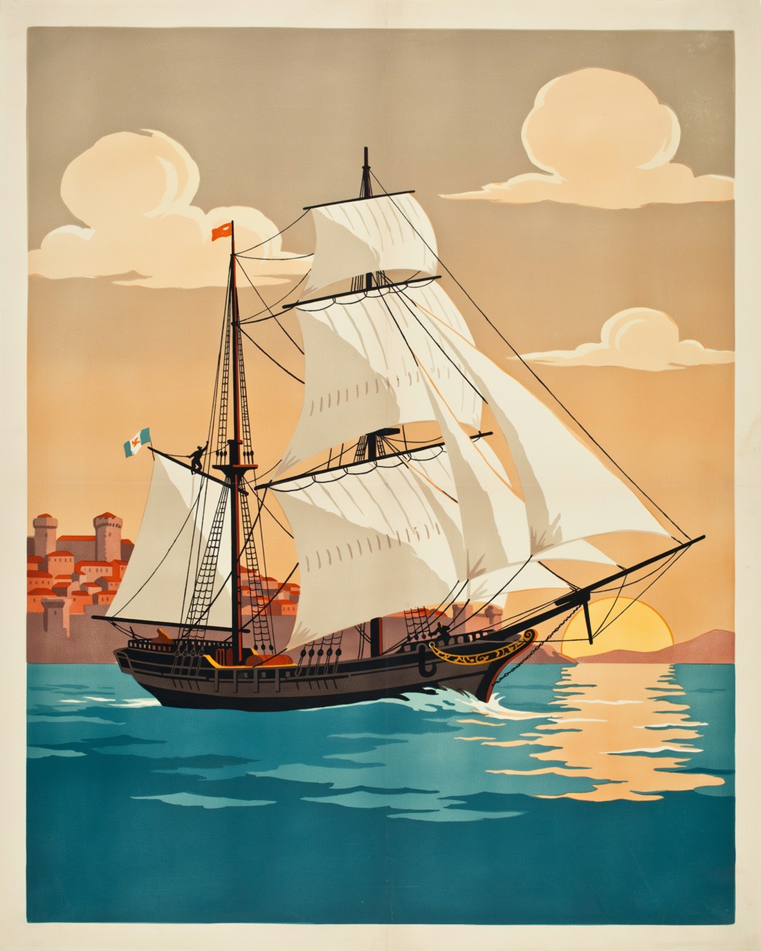 WPA-style illustration of an old wooden sailing ship of the Dubrovnik Republic under full cream sails, sailors working the rigging, cutting across the deep teal Adriatic at golden hour with the walled stone city and its round towers on the shore behind