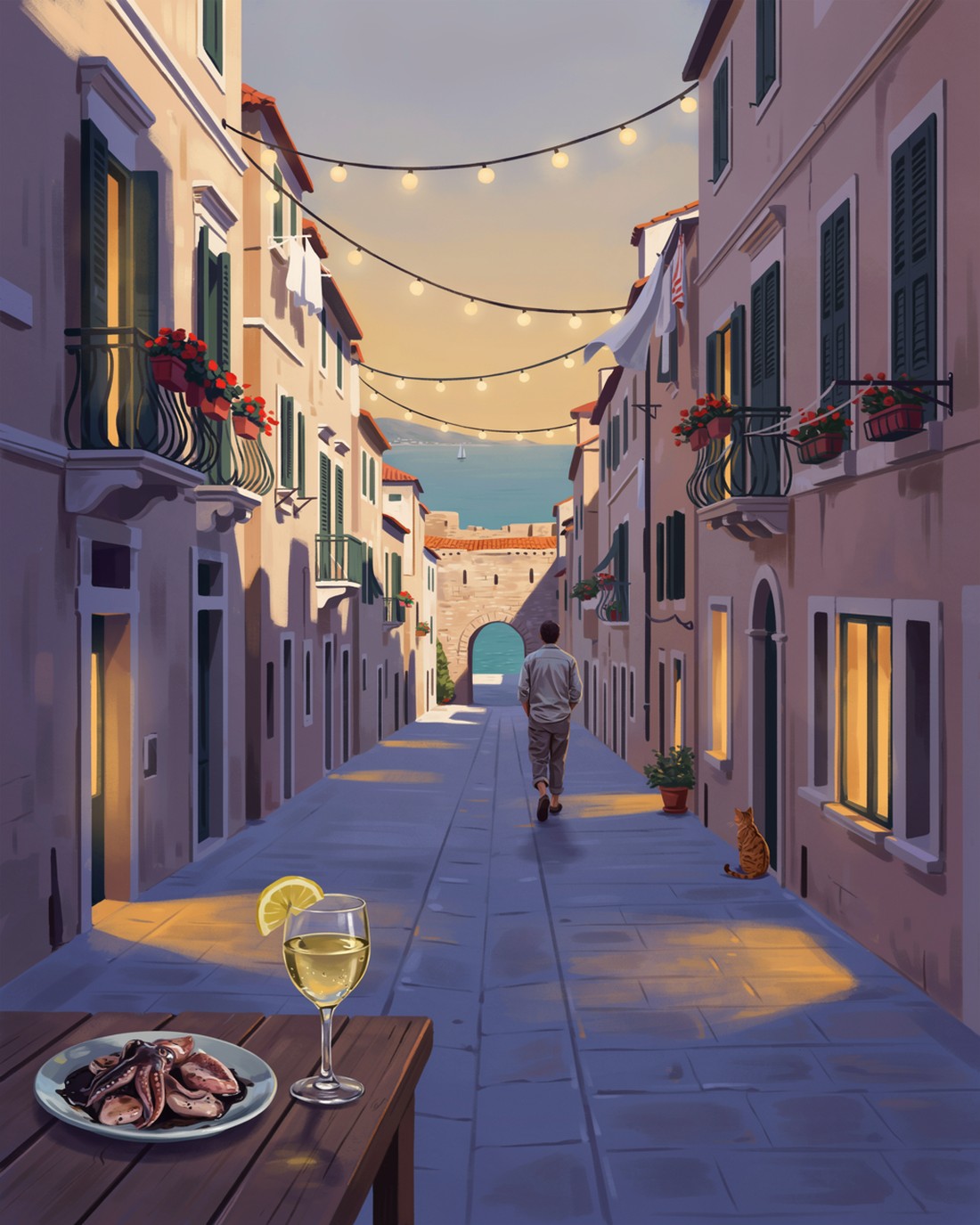 A quiet Dalmatian coastal old-town street at dusk with warm string lights strung between pale limestone buildings whose shutters glow, polished stone paving underfoot, laundry lines above, and at the end of the street the terracotta rooftops and old city wall opening onto a calm teal Adriatic. A lone figure seen from behind walks away down the street toward the sea, and in the foreground on a wooden table sits a plate of glossy black cuttlefish risotto and a chilled glass of white wine with a wedge of lemon