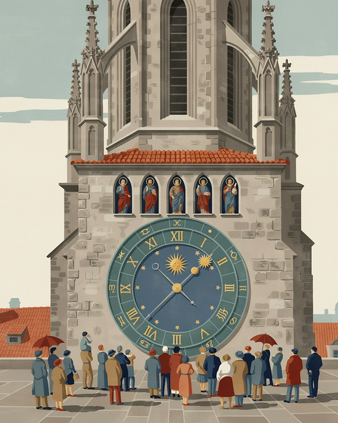 WPA-style illustration of the medieval astronomical clock on Prague's Old Town Hall tower, its blue and gold dials glowing and a small crowd gathered below in the square
